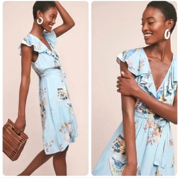 Maeve by Anthropologie Blue Rosalia Postcard  Cap Sleeve Faux Wrap Dress - Picture 9 of 14